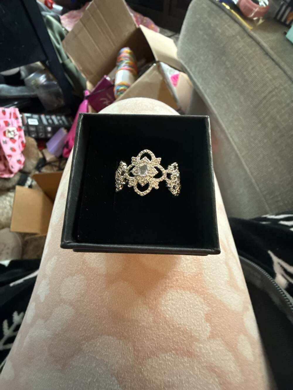 Sz 10  Filigree Statement Ring with Clear Stones